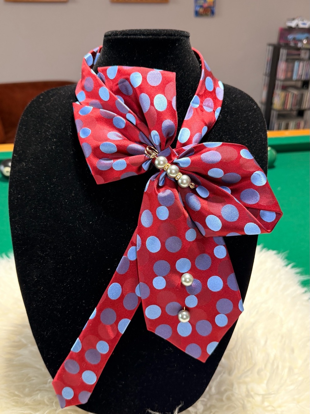Polka Dot Bow Necklace with Pearl Accents - Red/Light Blue